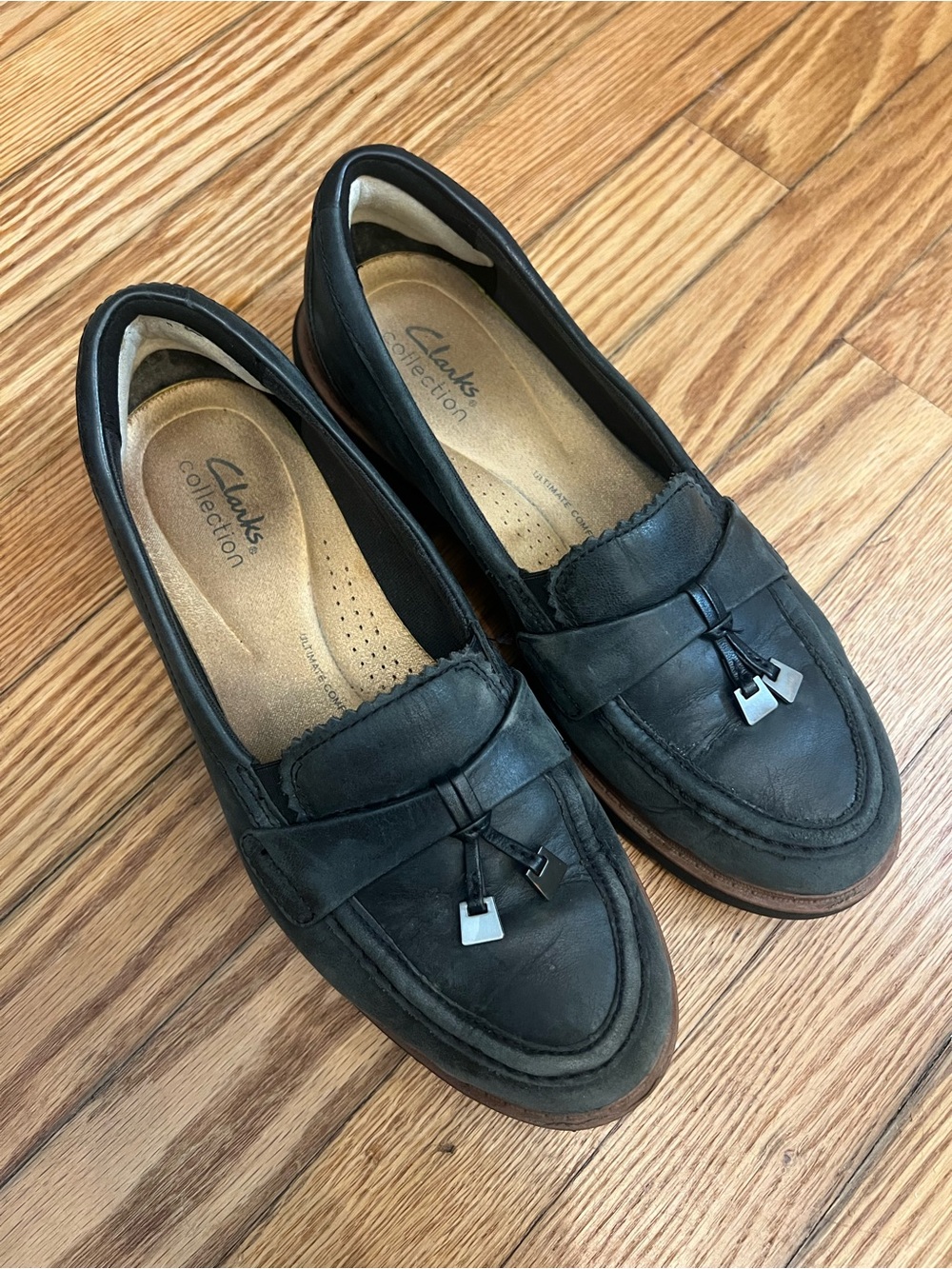 Clarks Black Leather Tassel Loafers